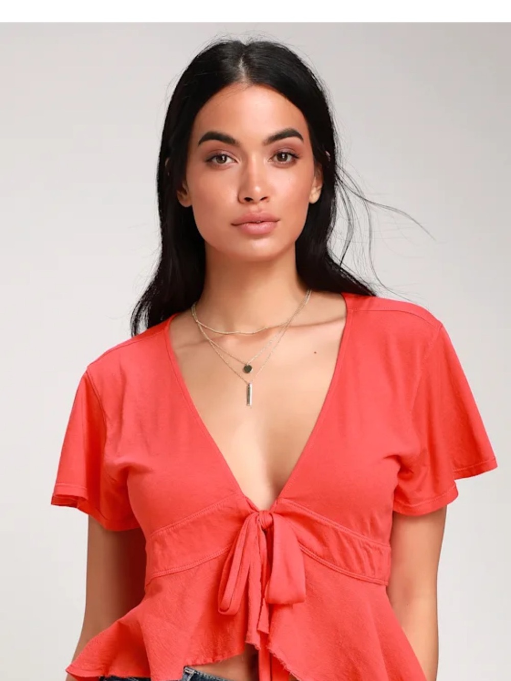 Free People Coral Tie-Front V-Neck Peplum Top